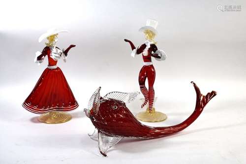 Two Italian Venetian glass figures, 25.5 & 28 cm high to/w a model of a red glass fish, 38 cm