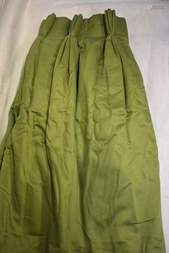 A pair of vintage lined and inter-lined curtains, pale green satinized cotton, c/w tie-backs, each