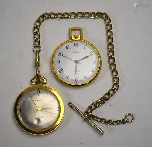 A gilt metal Basis open-faced pocket watch with Albert chain, to/w a Grovana pocket watch with 17