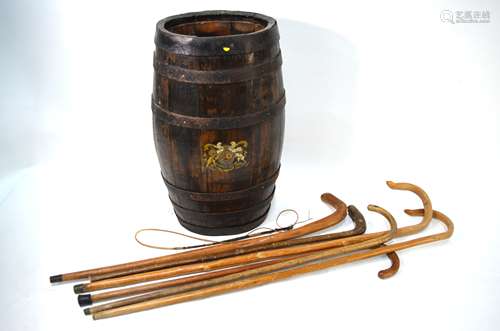 A coopered oak rum breaker, with Royal Coat of Arms transfer (as a stick stand) to/w a bundle of