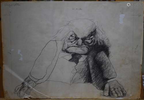 Hermenegildo Sabat (1933)  - Four various studies - an unframed caricature of Ungaretti, pencil,