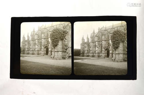 A stereoscopic glass photograph of the exterior of Rosslyn Chapel in Midlothian, Scotland, 16.5 x