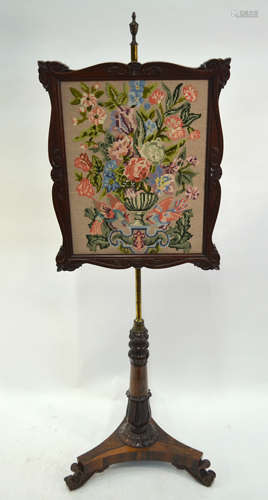 A Regency rosewood pole screen with (later) tapestry panel on a brass pole to a triform platform