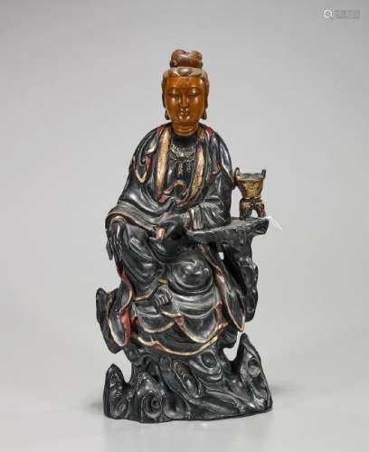 Chinese Carved & Gilt Hardwood Figure of Guanyin
