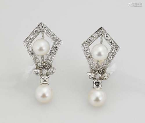 Pair 14K White Gold, Pearl & Diamond Earrings
