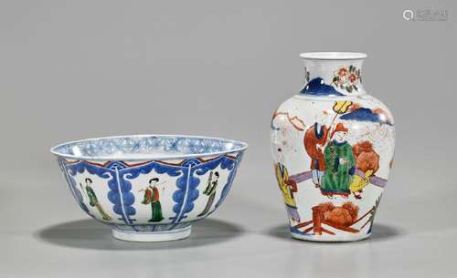 Two Chinese Enameled Blue & White Porcelains