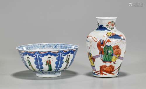 Two Chinese Enameled Blue & White Porcelains