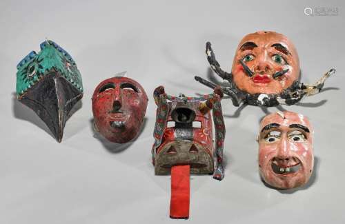 Group of Five Mexican Polychrome Wood Masks