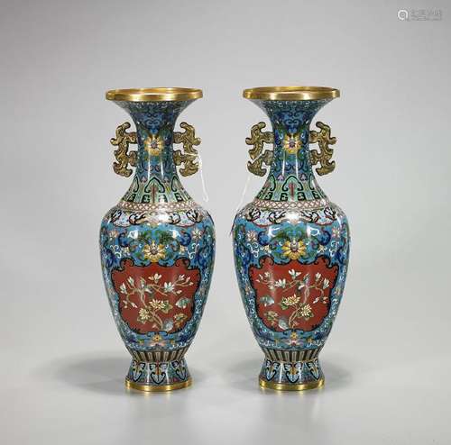 Pair Chinese Cloisonne Enamel Vases