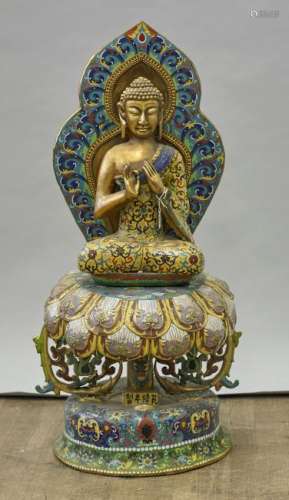 Tall Chinese Cloisonne & Gilt Bronze Seated Buddha