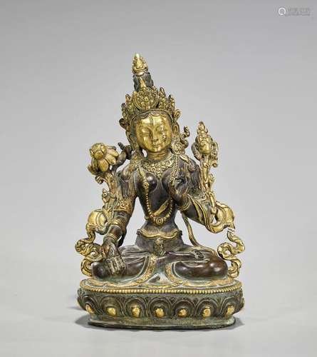 Tibeto-Chinese Parcel-Gilt Bronze Seated Deity