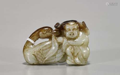 Chinese Carved Jade Toggle: Boy & Goose