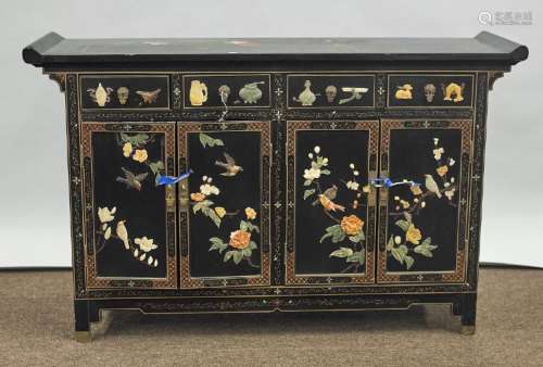 Chinese Lacquered, Painted & Stone-Inlaid Wood