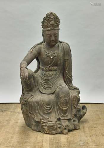 Large Antique Chinese Polychrome Wood Figure of Guanyin