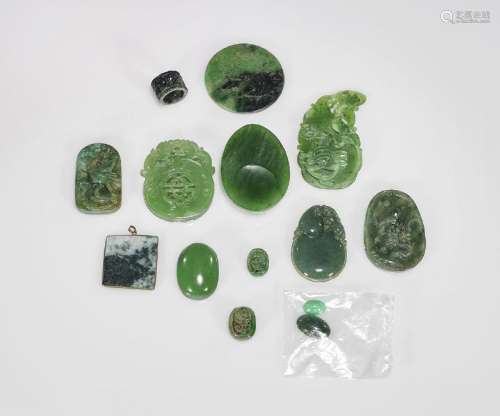 Group of Chinese Spinach Jade & Hardstone Pieces