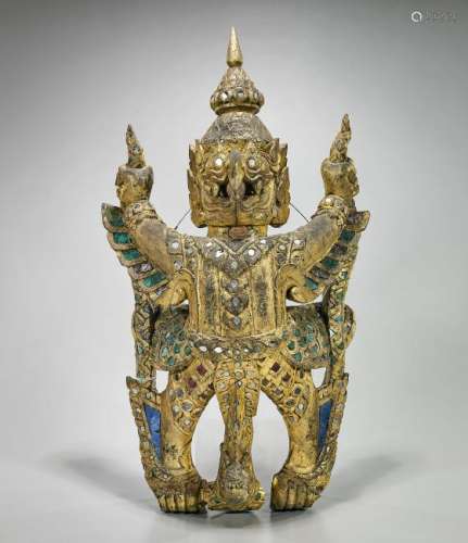 Old Thai Gilt & 'Jeweled' Wood Figure of Garuda