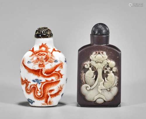 Two Dragon Snuff Bottles: Porcelain & Stone