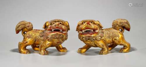 Pair Chinese Gilt & Lacquered Wood Fo Lions