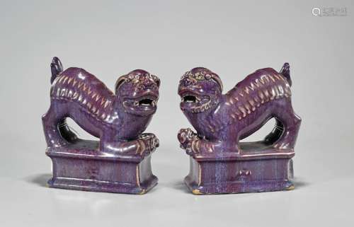 Pair Antique Chinese Flambe Glazed Fo Lions