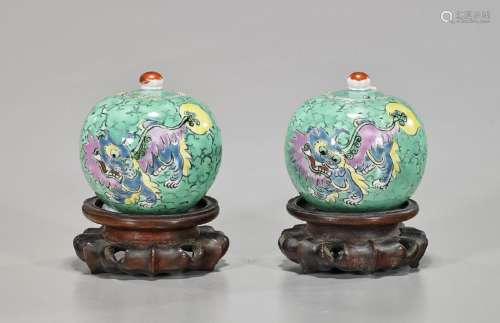 Pair Antique Chinese Enameled Porcelain Covered Jarlets