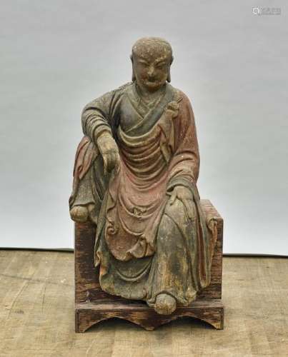 Large Antique Chinese Carved & Polychrome Wood Seated