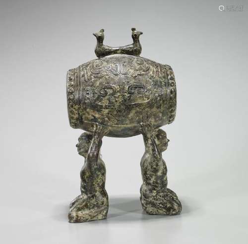 Archaistic Chinese Bronze Figural 'Drum'