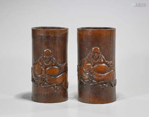 Pair Chinese Carved Bamboo Brushpots