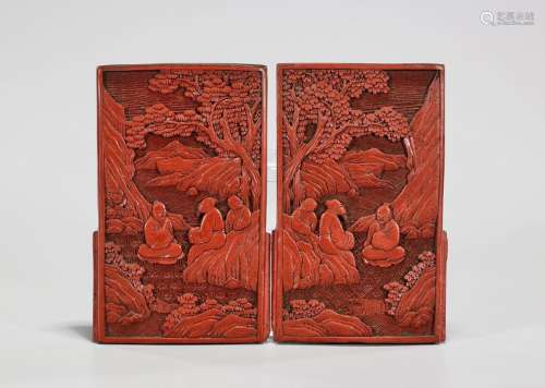 Pair Antique Chinese Cinnabar Lacquer Plaques