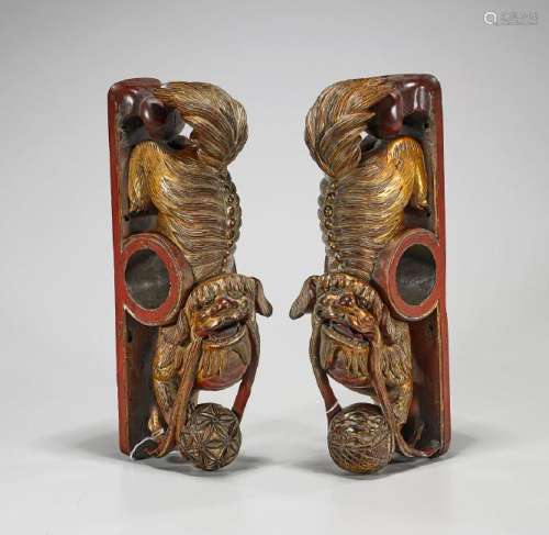 Pair of Antique Chinese Gilt & Lacquered Wood Lions