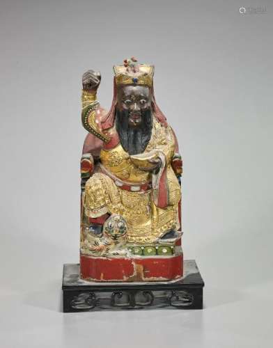 Chinese Carved, Gilt & Polychrome Wood Seated Figure
