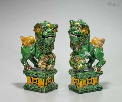 Pair Chinese Sancai Glazed Pottery Fo Lions