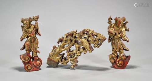 Three Chinese Carved, Gilt & Lacquered Wood Pieces