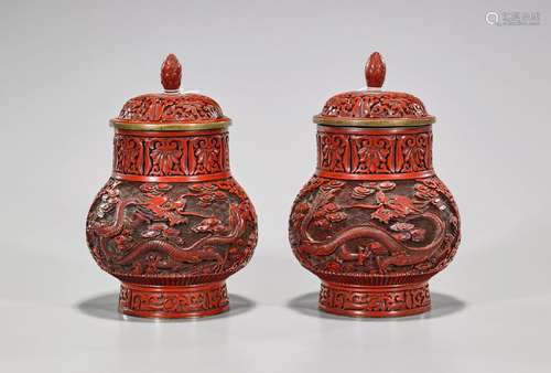 Pair Chinese Cinnabar-Like Vases