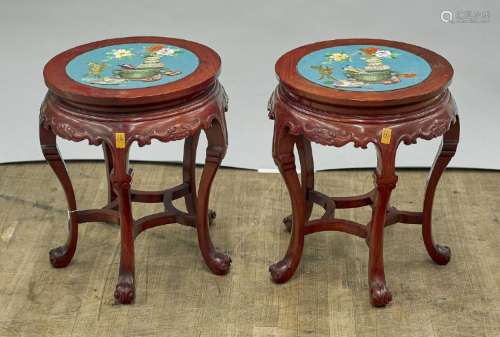 Pair Chinese Cloisonne-Inset Carved Wood Stools