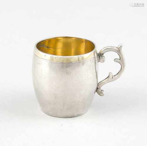 Miniatur-Henkelkrug, Deutsch, um 1800, MZ verschlagen, Silber 12 lötig (750/000),Innenvergoldung,