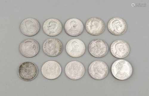 15 Münzen, 12x 5 Mark, Deutsches Reich, 1874, 1876, 1893, 2x 1903,1906, 1907, 2x 1908,1913, 2x 1914,