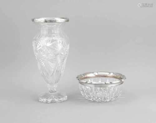 Vase und Schale mit Silberrandmontage, Deutsch, 20. Jh., Silber 800/000 bzw.Sterlingsilber 925/