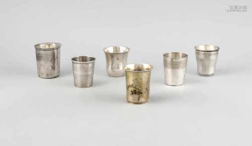 Sechs Becher, überwiegend Frankreich, um 1900, Silber 950/000, konische bzw. geschweifteForm,