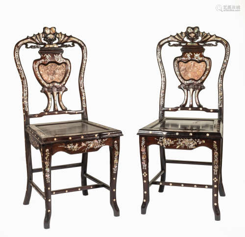Pair Republic Period Chinese Antique Hardwood Chairs with Pearl
