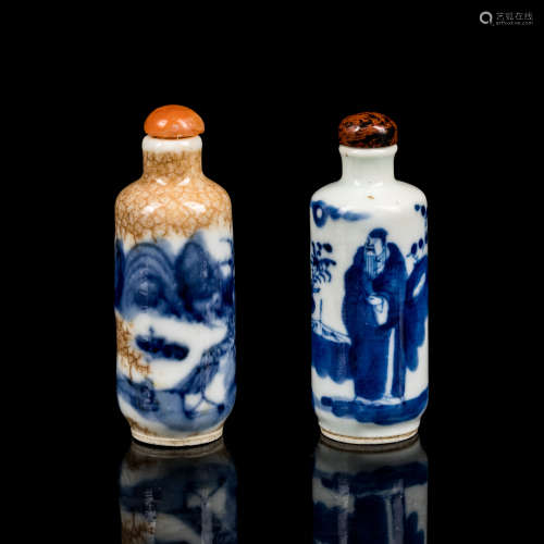 Group of Two Blue&White Glazed Snuff Bottles