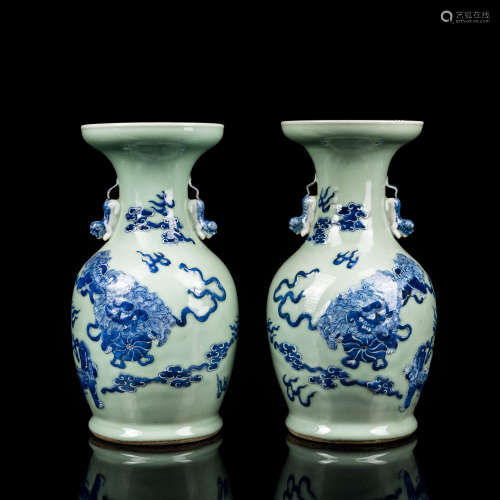 Pair 19th Chinese Antique Green Glazed Vase