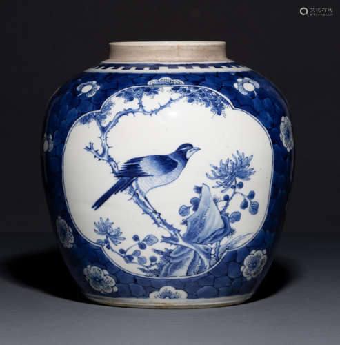 A BLUE AND WHITE BIRD AND PLUM BLOSSOM JAR