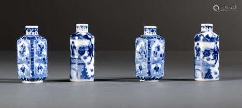TWO PAIRS OF BLUE AND WHITE BOTTLES SNUFFBOTTLES