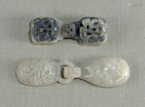 TWO FINE CARVED JADE TWO-PART BELT BUCKLES