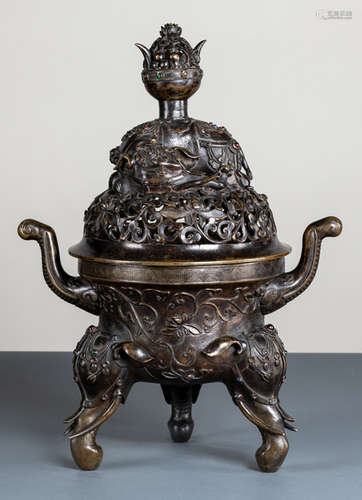 A BRONZE ELEPHANT TRIPOD CENSER