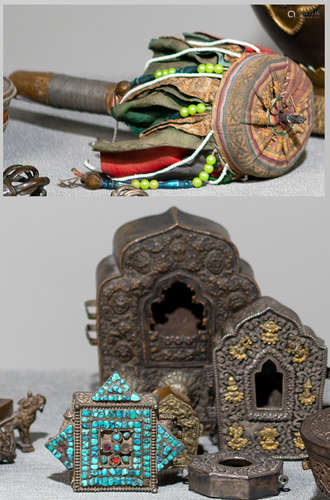 FIVE VARIOUS METAL AMULET-BOXES (GAHU) AND A PRAYER-WHEEL