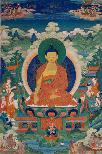 A FINE AND RARE THANGKA OF BUDDHA SHAKYAMUNI AND THE 4th MYRICAL OF SHRAVASTI