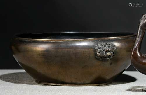 A BRONZE CENSER WITH MASK HANDLES