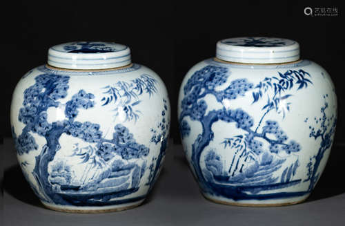 A PAIR OF BLUE AND WHITE GINGER JARS AND COVERS