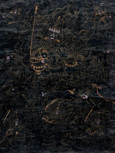 A BLACK BACKGROUND THANGKA DEPICTING A LOCAL DIVINITY